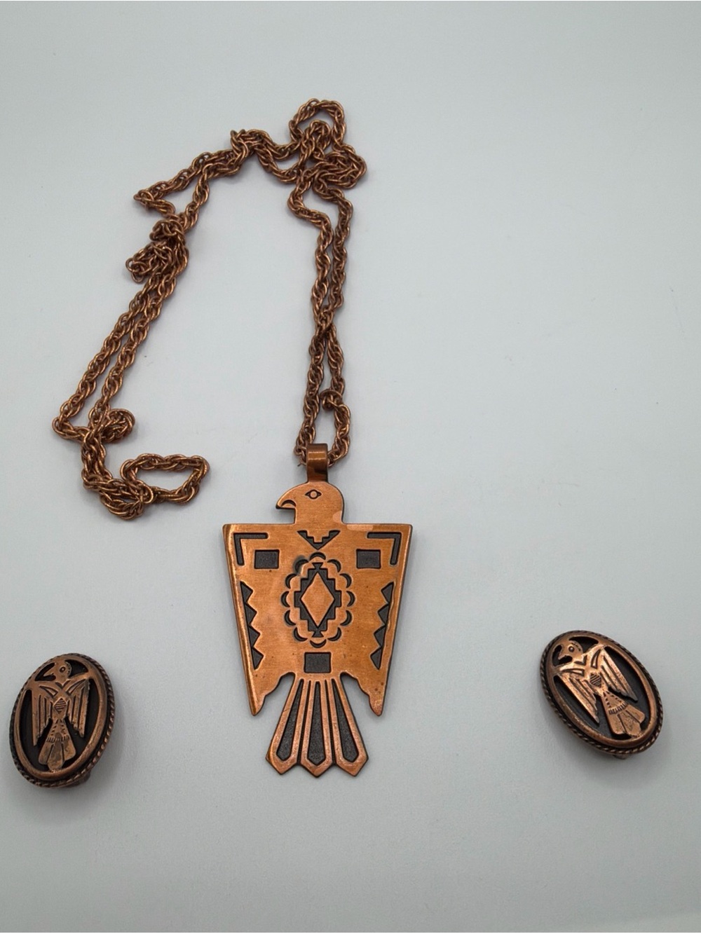 Vng Copper Bell Native American Thunderbird Eagle Pendant Necklace ClipEarrings